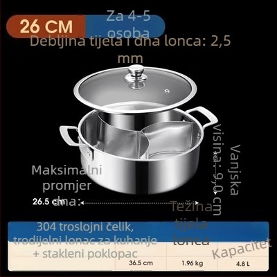 304 nehrđajući čelik, lonac s tri odjeljka i tri okusa, trosturan sloj, prehrambena kvaliteta, posebno debelo tijelo, velika zapremina 6,1–10 litara, pogodan za različite štednjake, uključujući indukcijske