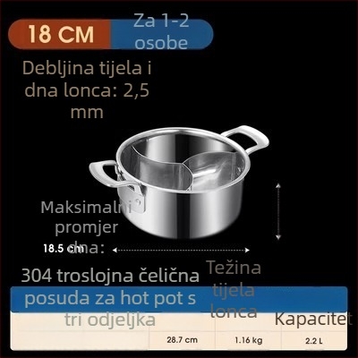 304 nehrđajući čelik, lonac s tri odjeljka i tri okusa, trosturan sloj, prehrambena kvaliteta, posebno debelo tijelo, velika zapremina 6,1–10 litara, pogodan za različite štednjake, uključujući indukcijske