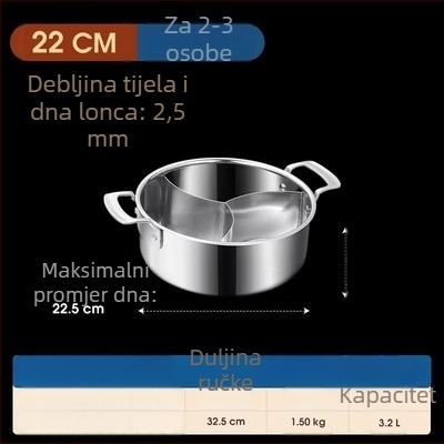 304 nehrđajući čelik, lonac s tri odjeljka i tri okusa, trosturan sloj, prehrambena kvaliteta, posebno debelo tijelo, velika zapremina 6,1–10 litara, pogodan za različite štednjake, uključujući indukcijske