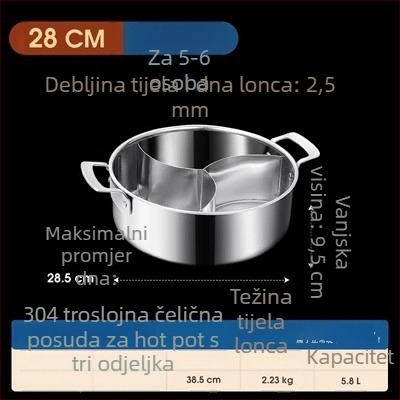 304 nehrđajući čelik, lonac s tri odjeljka i tri okusa, trosturan sloj, prehrambena kvaliteta, posebno debelo tijelo, velika zapremina 6,1–10 litara, pogodan za različite štednjake, uključujući indukcijske