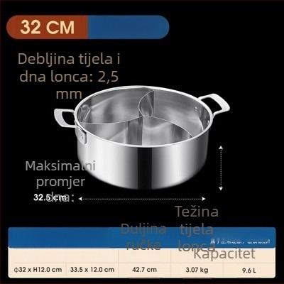 304 nehrđajući čelik, lonac s tri odjeljka i tri okusa, trosturan sloj, prehrambena kvaliteta, posebno debelo tijelo, velika zapremina 6,1–10 litara, pogodan za različite štednjake, uključujući indukcijske