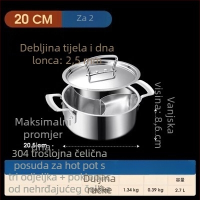 304 nehrđajući čelik, lonac s tri odjeljka i tri okusa, trosturan sloj, prehrambena kvaliteta, posebno debelo tijelo, velika zapremina 6,1–10 litara, pogodan za različite štednjake, uključujući indukcijske