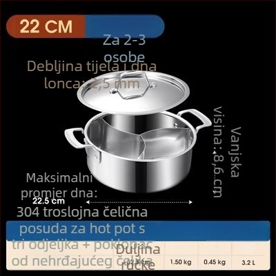 304 nehrđajući čelik, lonac s tri odjeljka i tri okusa, trosturan sloj, prehrambena kvaliteta, posebno debelo tijelo, velika zapremina 6,1–10 litara, pogodan za različite štednjake, uključujući indukcijske