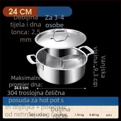 304 nehrđajući čelik, lonac s tri odjeljka i tri okusa, trosturan sloj, prehrambena kvaliteta, posebno debelo tijelo, velika zapremina 6,1–10 litara, pogodan za različite štednjake, uključujući indukcijske