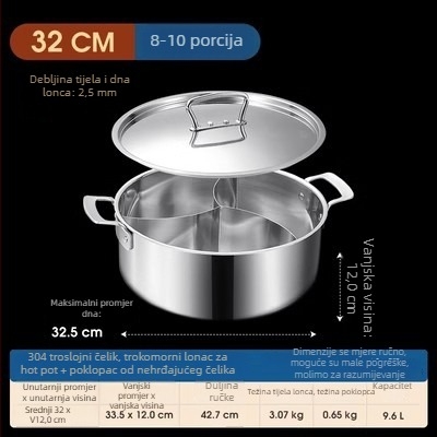 304 nehrđajući čelik, lonac s tri odjeljka i tri okusa, trosturan sloj, prehrambena kvaliteta, posebno debelo tijelo, velika zapremina 6,1–10 litara, pogodan za različite štednjake, uključujući indukcijske