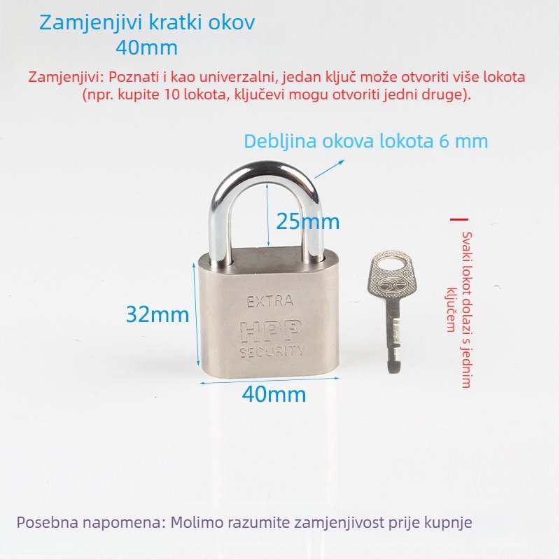 Katanac protiv krađe za kućnu upotrebu, mali katanc, mini lažni nehrđajući čelik, univerzalna glava brave