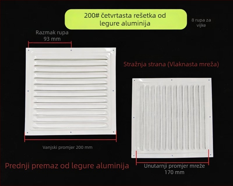 Prozor lamelarna ventilacija od aluminijske legure, za vanjsku stijenu – otporna na kišu i komarce, perforirana mreža za rasipanje topline, poklopac mreže