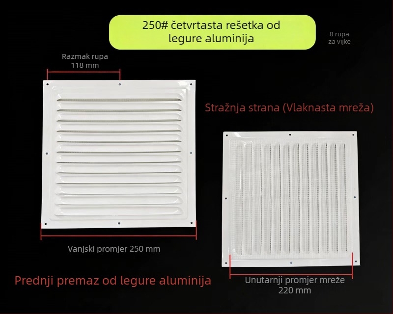 Prozor lamelarna ventilacija od aluminijske legure, za vanjsku stijenu – otporna na kišu i komarce, perforirana mreža za rasipanje topline, poklopac mreže
