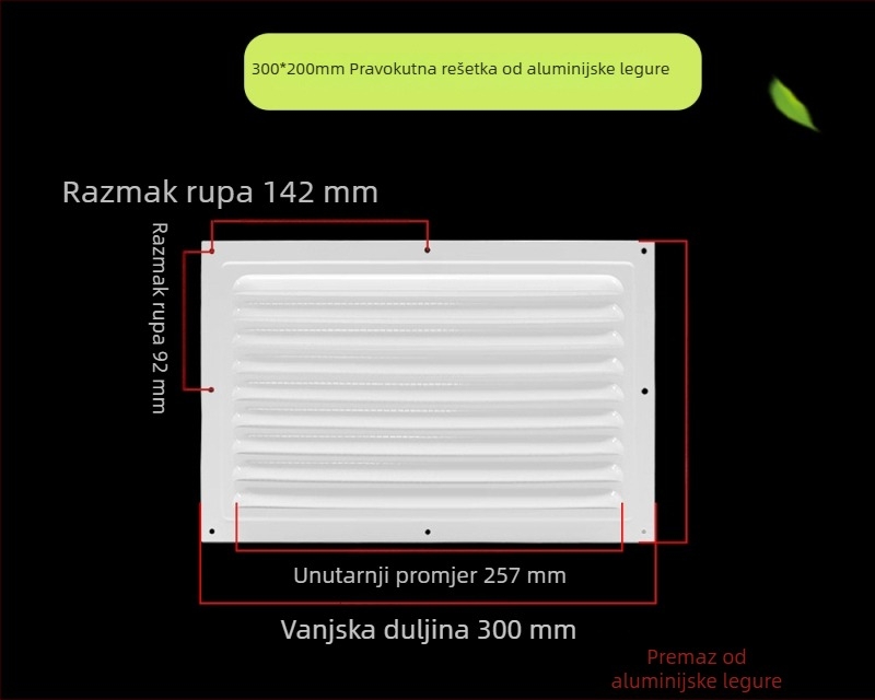 Prozor lamelarna ventilacija od aluminijske legure, za vanjsku stijenu – otporna na kišu i komarce, perforirana mreža za rasipanje topline, poklopac mreže
