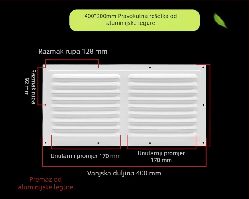 Prozor lamelarna ventilacija od aluminijske legure, za vanjsku stijenu – otporna na kišu i komarce, perforirana mreža za rasipanje topline, poklopac mreže