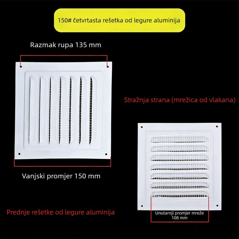 Prozor lamelarna ventilacija od aluminijske legure, za vanjsku stijenu – otporna na kišu i komarce, perforirana mreža za rasipanje topline, poklopac mreže