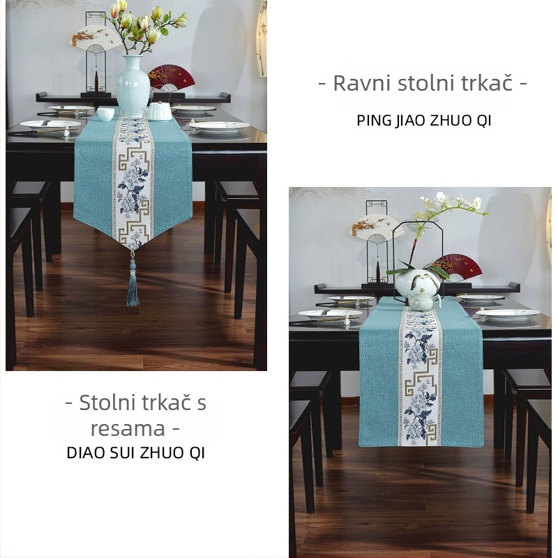 Novi kineski stil: vodootporni izvezeni behun s resicama, laneno-bavčani čajni stolni ukras u zen stilu, lagani luksuz