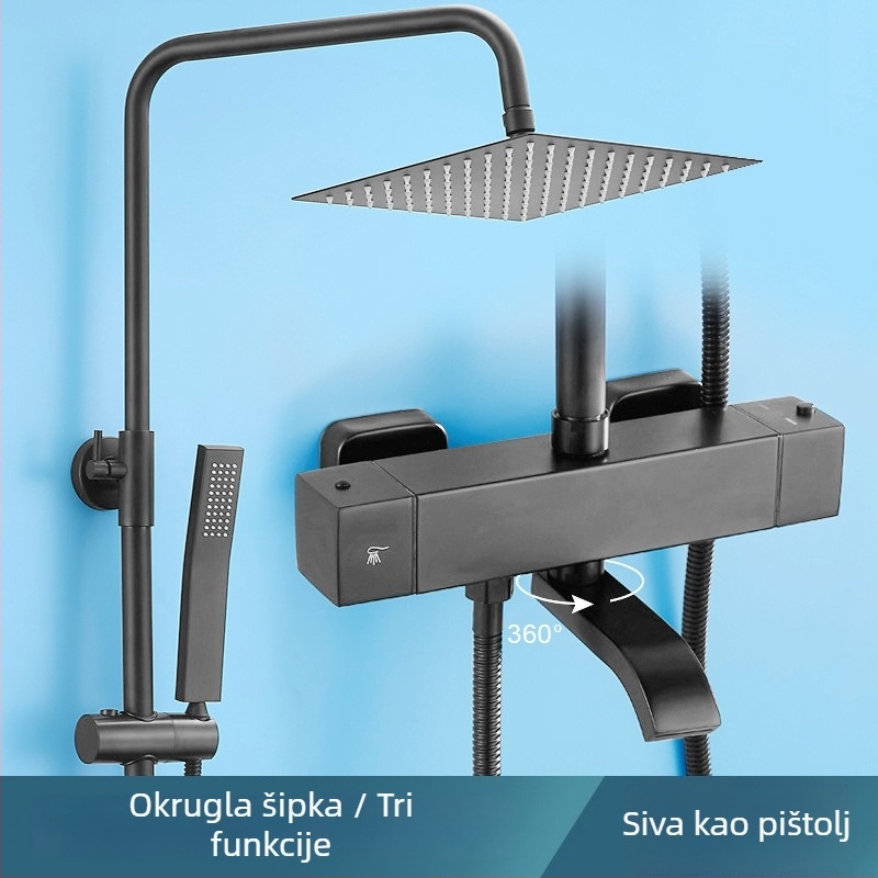 Chromirani set tuša od nehrđajućeg čelika, zaključavanje temperature jednim dodirom, ugrađen na zid, kišna glavica