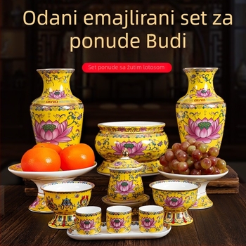 Guoshun emajlirani žuti set: čaša za vodu s lotosom, Sveti Gral, tanjur za ponude voća pred Budom, tanjur za voće i darove, posuda za tamjan