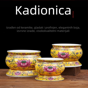 Guoshun emajlirani žuti set: čaša za vodu s lotosom, Sveti Gral, tanjur za ponude voća pred Budom, tanjur za voće i darove, posuda za tamjan