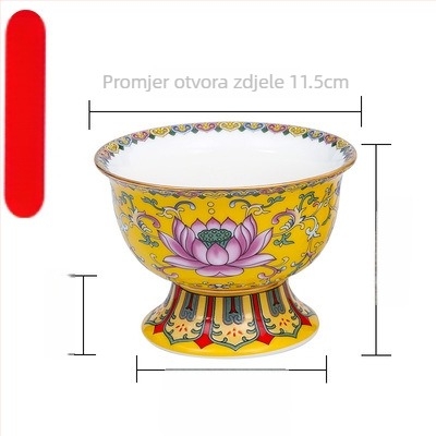 Guoshun emajlirani žuti set: čaša za vodu s lotosom, Sveti Gral, tanjur za ponude voća pred Budom, tanjur za voće i darove, posuda za tamjan