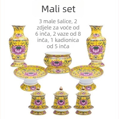 Guoshun emajlirani žuti set: čaša za vodu s lotosom, Sveti Gral, tanjur za ponude voća pred Budom, tanjur za voće i darove, posuda za tamjan