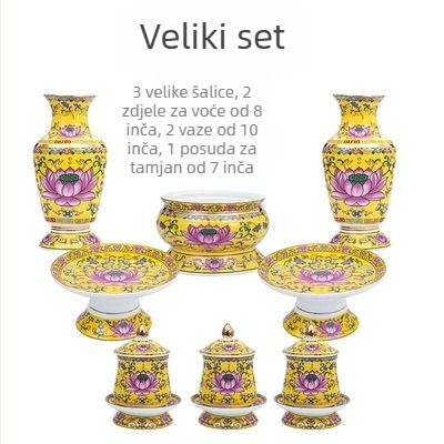 Guoshun emajlirani žuti set: čaša za vodu s lotosom, Sveti Gral, tanjur za ponude voća pred Budom, tanjur za voće i darove, posuda za tamjan