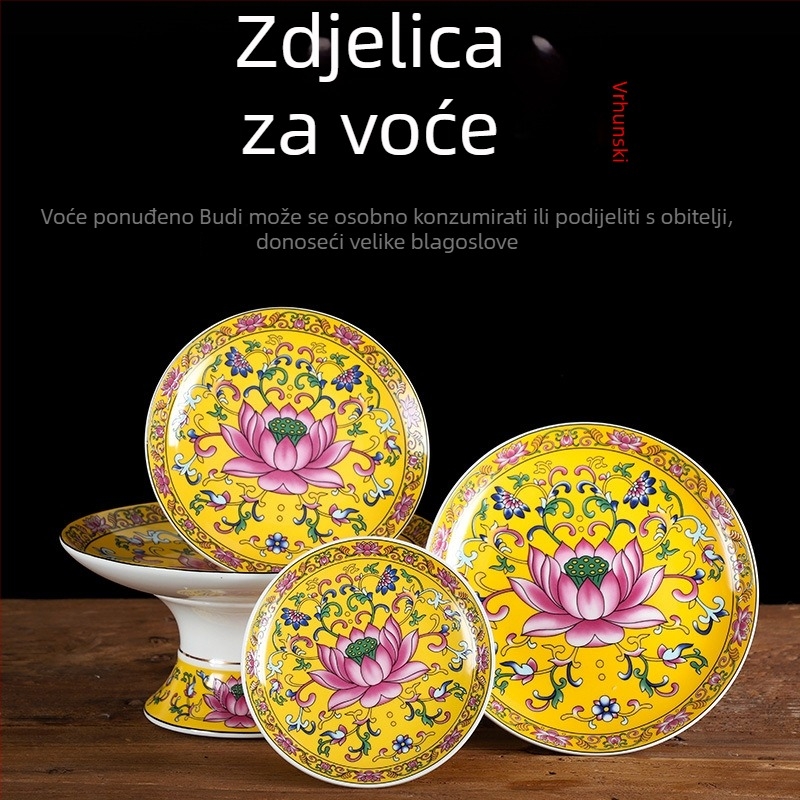 Guoshun emajlirani žuti set: čaša za vodu s lotosom, Sveti Gral, tanjur za ponude voća pred Budom, tanjur za voće i darove, posuda za tamjan