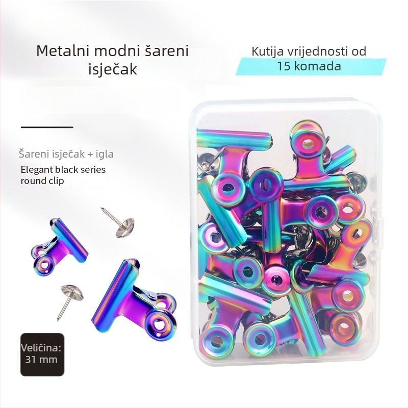Nerđajući čelik u boji – set klipseva za kartice i bilježnice: uključuje dugačke klipse, okrugle uredske klipse, spajalice i metalni klip u kutiji