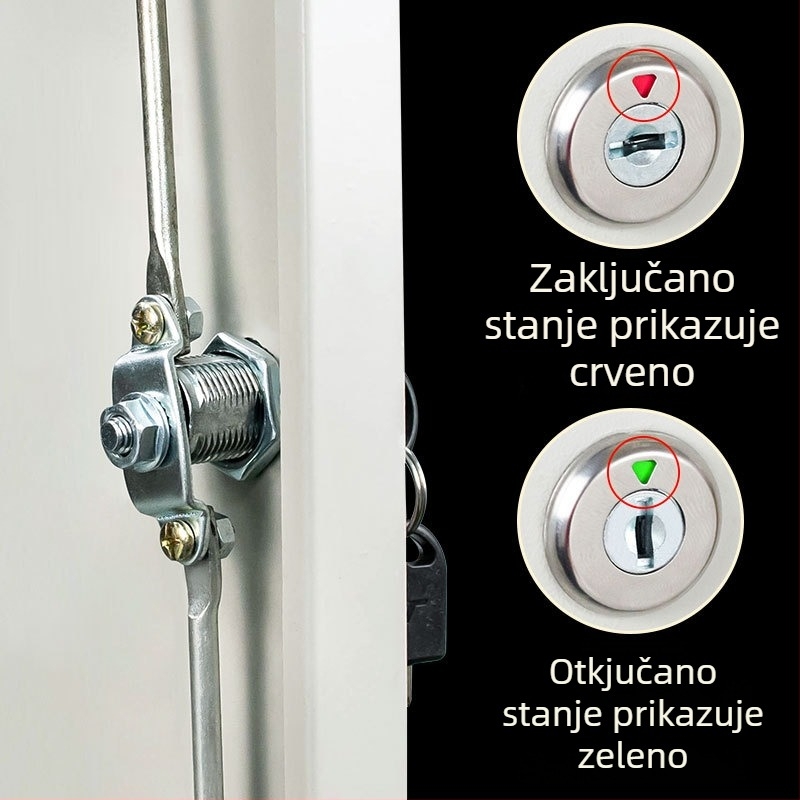 Katanac za arhivski ormar s metalnim vratima i zaslonom, mehanizam gornje–donje spojne šipke, prikladan za djelatničke ormariće i arhive, cilindar brave.