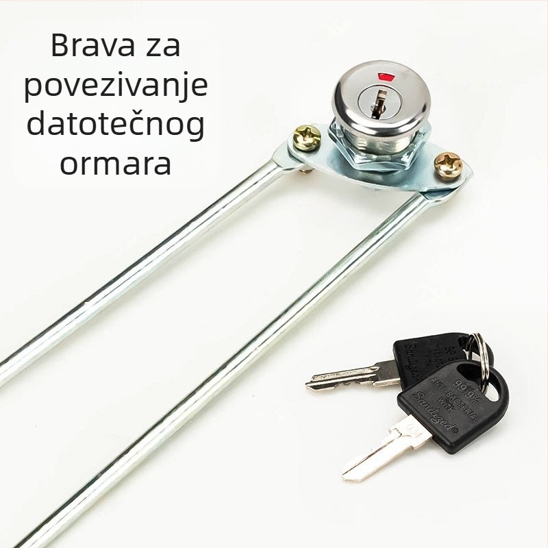 Katanac za arhivski ormar s metalnim vratima i zaslonom, mehanizam gornje–donje spojne šipke, prikladan za djelatničke ormariće i arhive, cilindar brave.