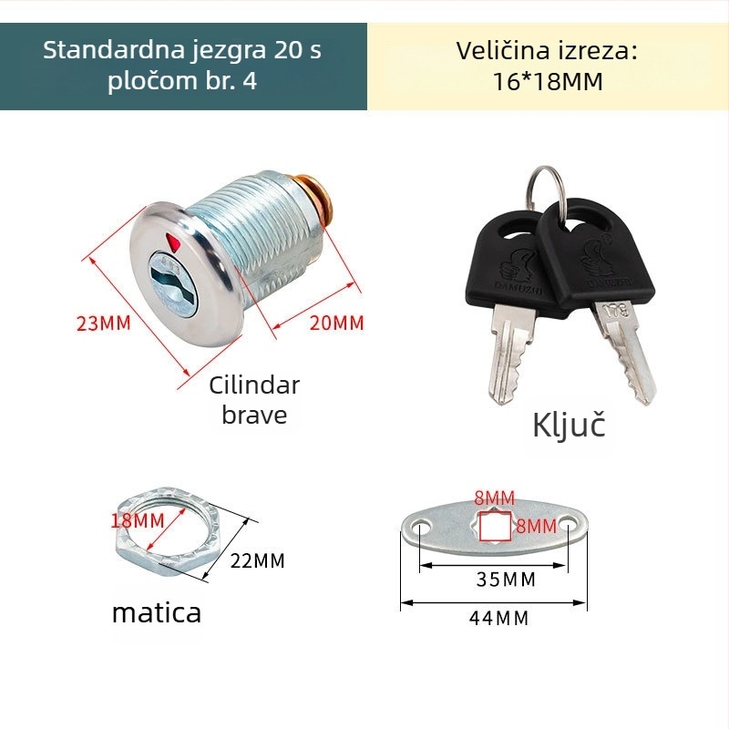 Katanac za arhivski ormar s metalnim vratima i zaslonom, mehanizam gornje–donje spojne šipke, prikladan za djelatničke ormariće i arhive, cilindar brave.