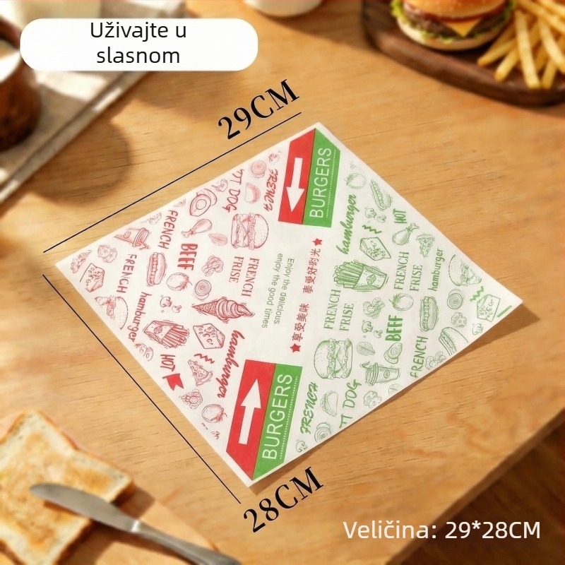 Papir za hamburger, jednokratni papir za zamatanje sendviča, otporan na masnoću s PE premazom, za hamburgere, prženu piletinu, pileće rolice i rižine kuglice