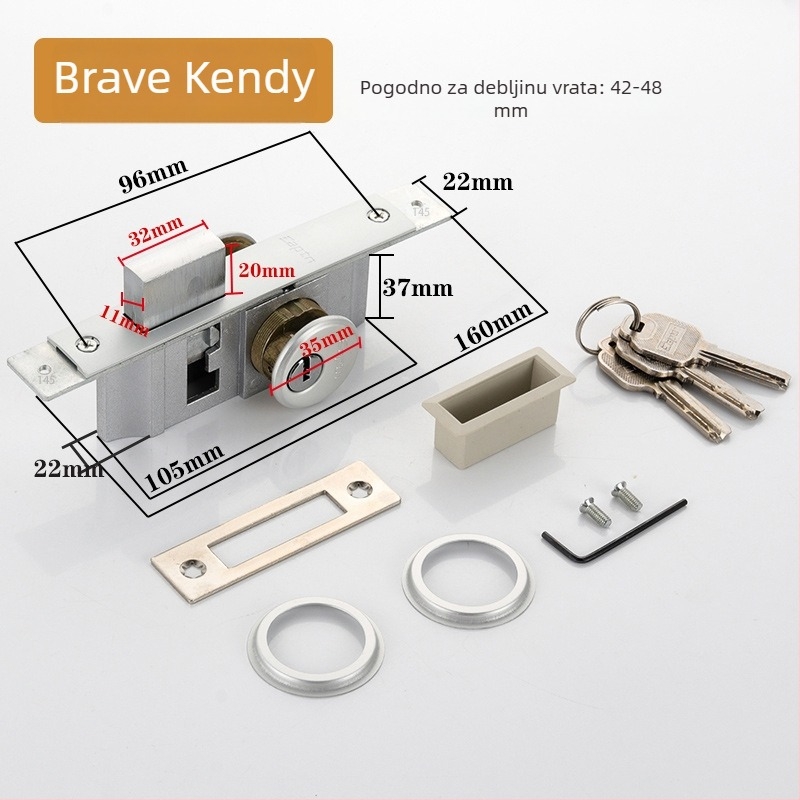 Dejiken brava za vrata 554 od aluminijske legure za vrata sa staklenim okvirom, teška podna brava s kukom i križnim ključem, cilindar tipa 84