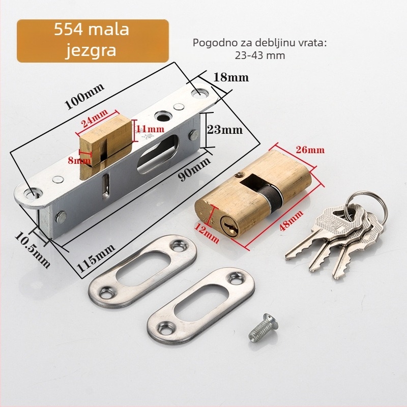 Dejiken brava za vrata 554 od aluminijske legure za vrata sa staklenim okvirom, teška podna brava s kukom i križnim ključem, cilindar tipa 84