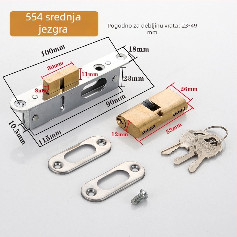Dejiken brava za vrata 554 od aluminijske legure za vrata sa staklenim okvirom, teška podna brava s kukom i križnim ključem, cilindar tipa 84