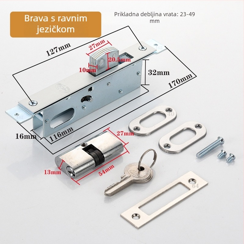 Dejiken brava za vrata 554 od aluminijske legure za vrata sa staklenim okvirom, teška podna brava s kukom i križnim ključem, cilindar tipa 84