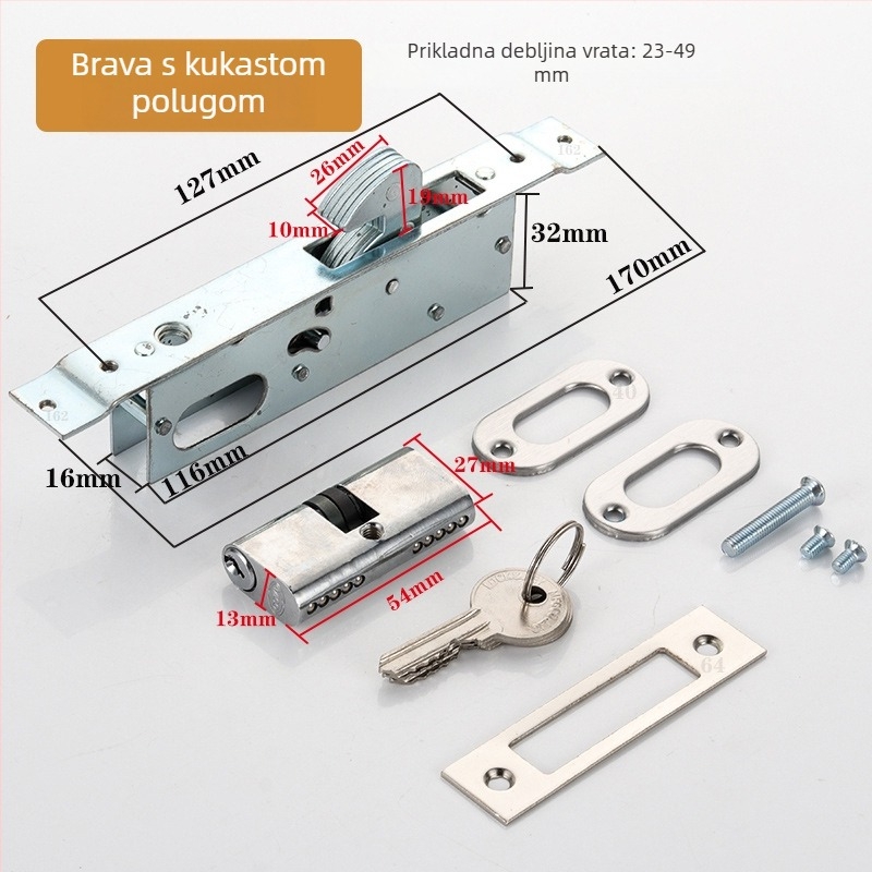 Dejiken brava za vrata 554 od aluminijske legure za vrata sa staklenim okvirom, teška podna brava s kukom i križnim ključem, cilindar tipa 84