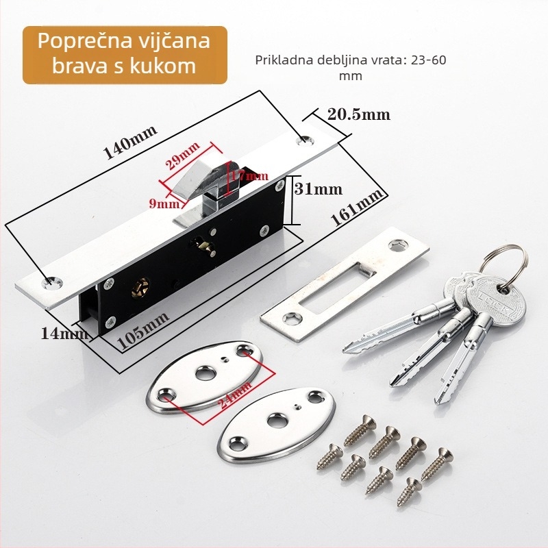 Dejiken brava za vrata 554 od aluminijske legure za vrata sa staklenim okvirom, teška podna brava s kukom i križnim ključem, cilindar tipa 84