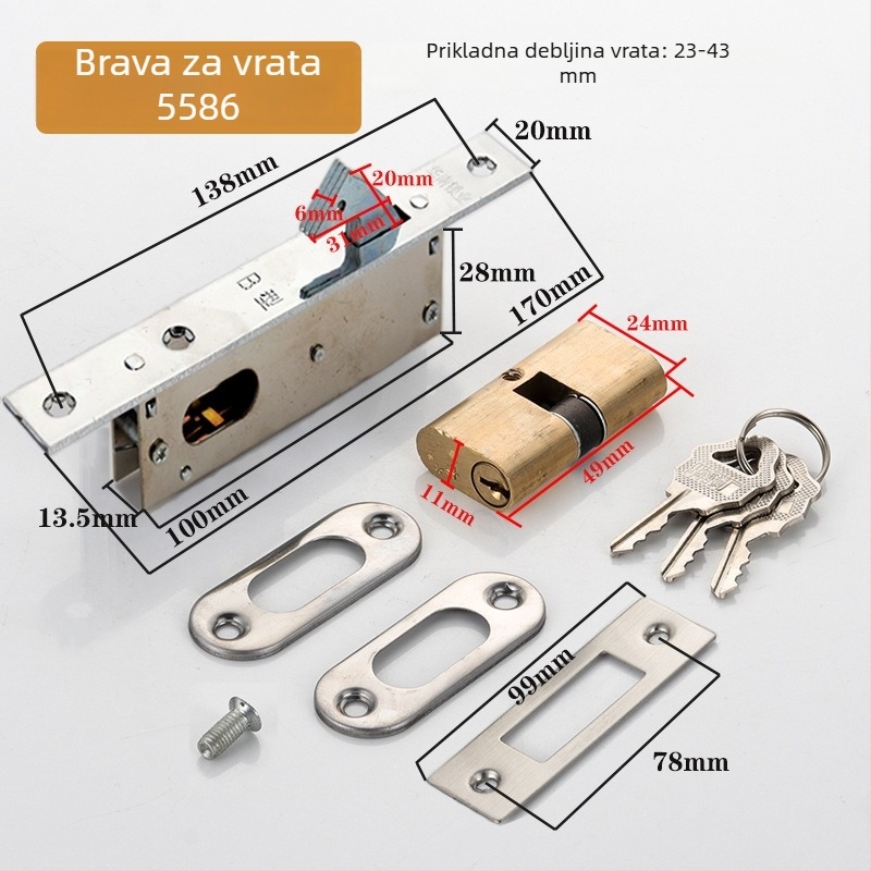 Dejiken brava za vrata 554 od aluminijske legure za vrata sa staklenim okvirom, teška podna brava s kukom i križnim ključem, cilindar tipa 84