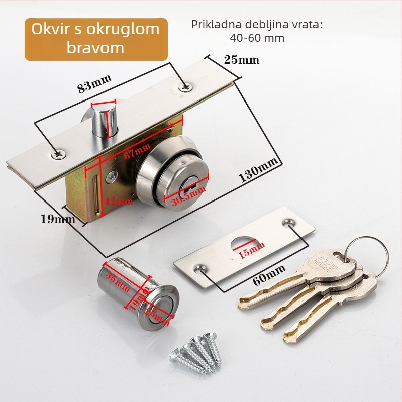 Dejiken brava za vrata 554 od aluminijske legure za vrata sa staklenim okvirom, teška podna brava s kukom i križnim ključem, cilindar tipa 84