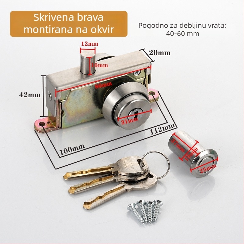 Dejiken brava za vrata 554 od aluminijske legure za vrata sa staklenim okvirom, teška podna brava s kukom i križnim ključem, cilindar tipa 84