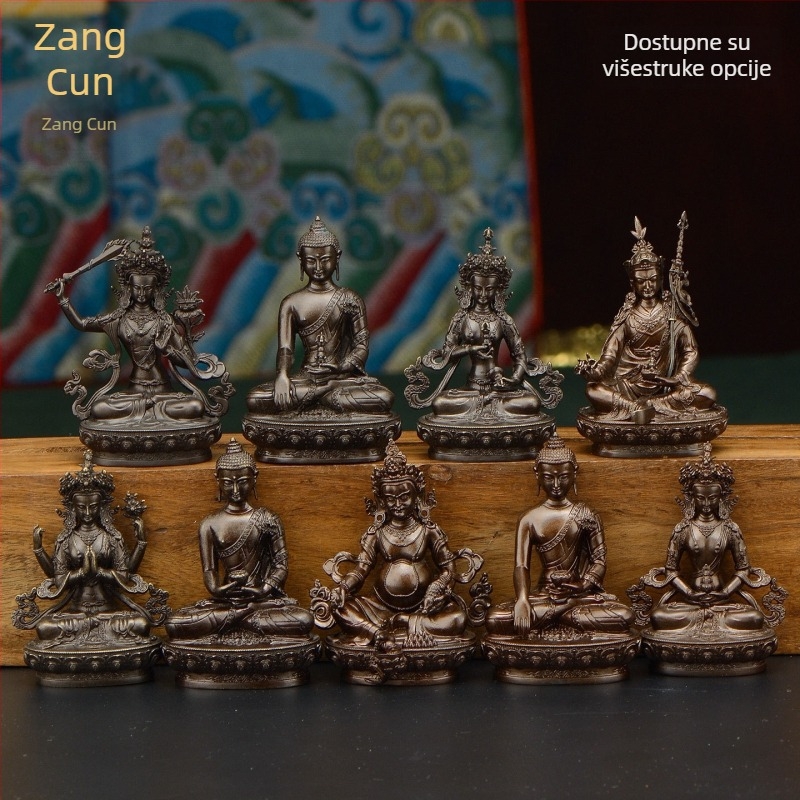 Potpuno pozlaćene bakrene figurice Padmasambhvae, Bhaisajyaguru, Zelena Tara, Manjushri, Shakyamuni Buddha, Amitabha i Žuti Džambhala za osobnu uporabu