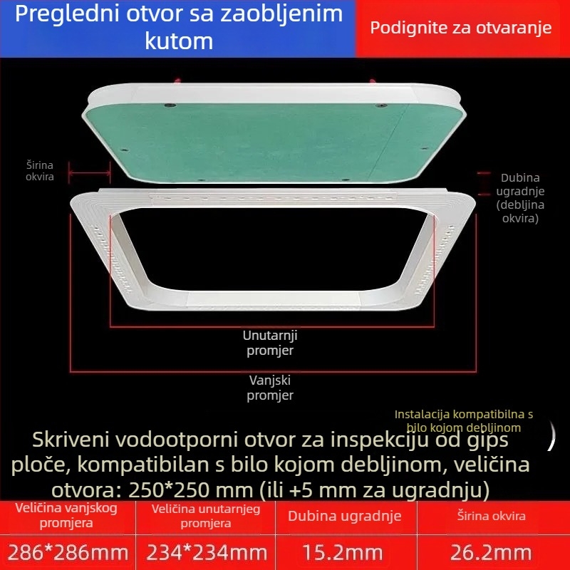 Skriveni servisni otvor u suhom zidu sa zaobljenim kutem i ugrađenim poklopcem za cijevi centralnog klimatizacijskog sustava