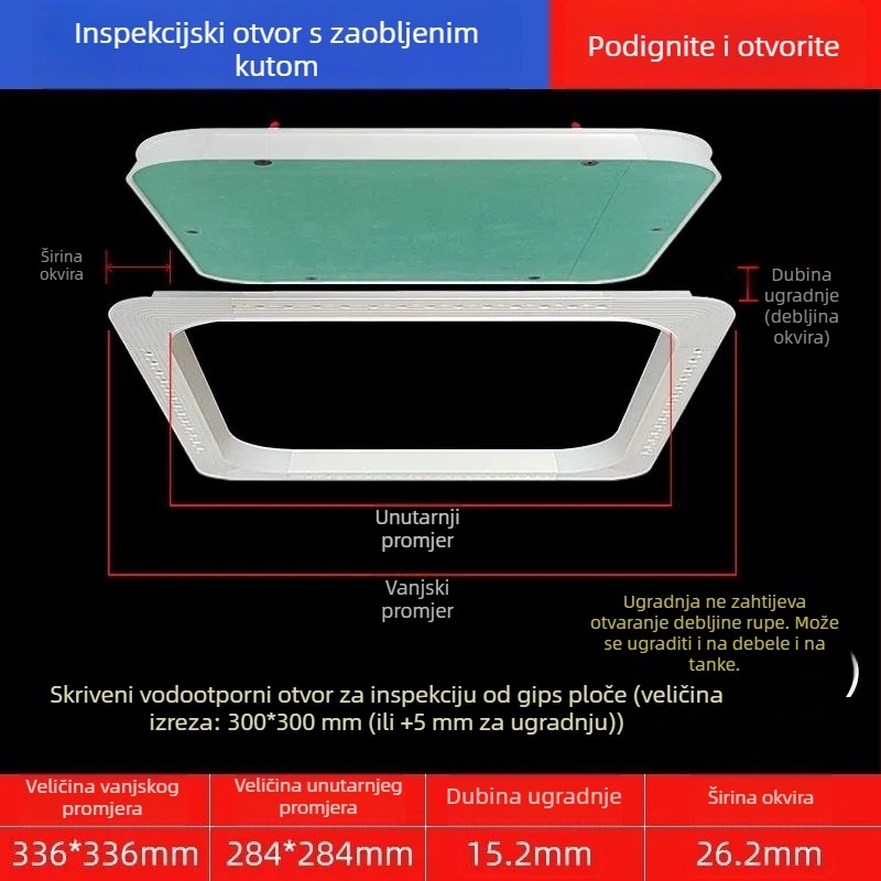 Skriveni servisni otvor u suhom zidu sa zaobljenim kutem i ugrađenim poklopcem za cijevi centralnog klimatizacijskog sustava