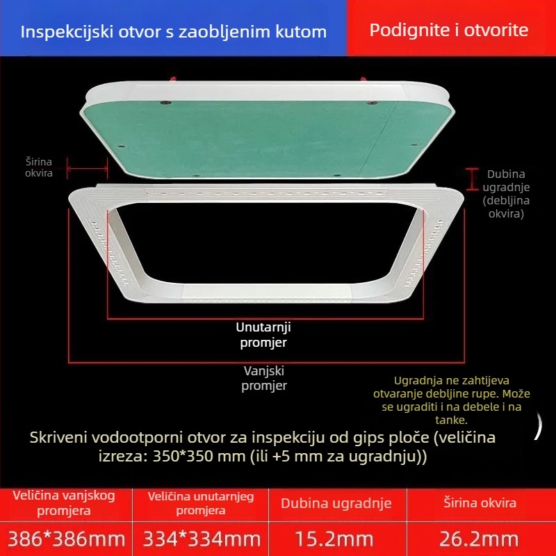 Skriveni servisni otvor u suhom zidu sa zaobljenim kutem i ugrađenim poklopcem za cijevi centralnog klimatizacijskog sustava