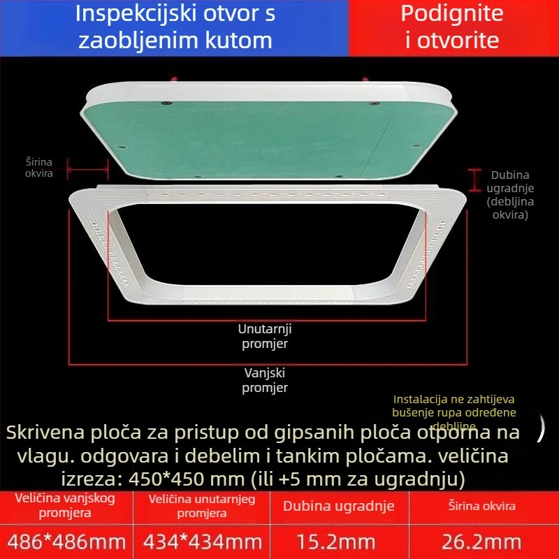 Skriveni servisni otvor u suhom zidu sa zaobljenim kutem i ugrađenim poklopcem za cijevi centralnog klimatizacijskog sustava