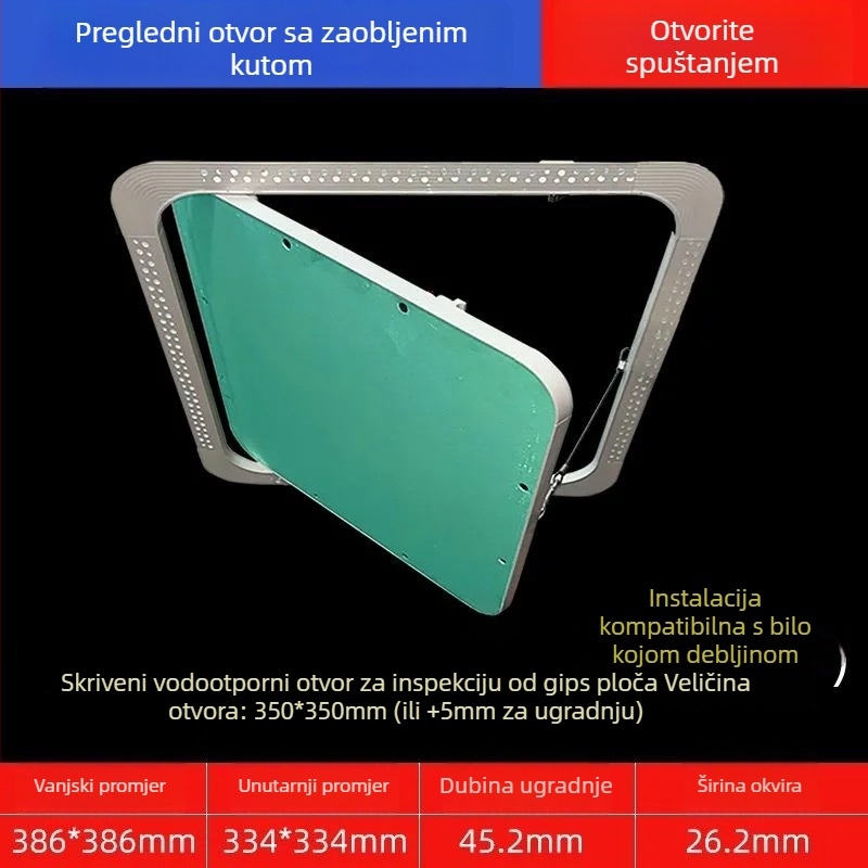 Skriveni servisni otvor u suhom zidu sa zaobljenim kutem i ugrađenim poklopcem za cijevi centralnog klimatizacijskog sustava