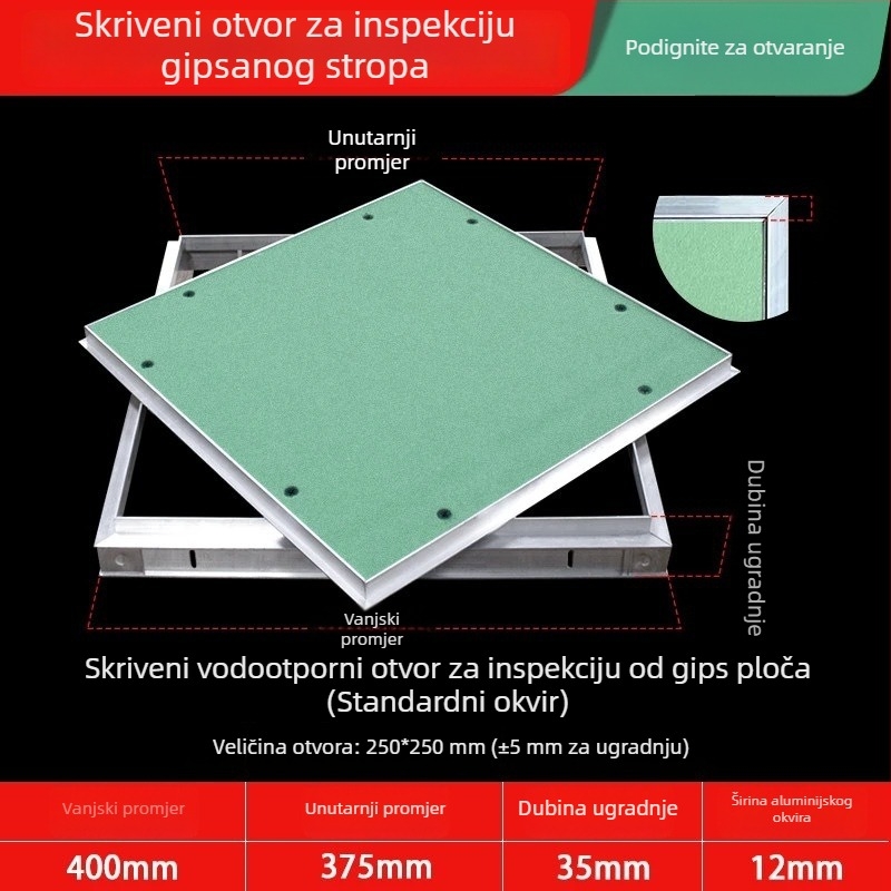 Skriveni servisni otvor u suhom zidu sa zaobljenim kutem i ugrađenim poklopcem za cijevi centralnog klimatizacijskog sustava