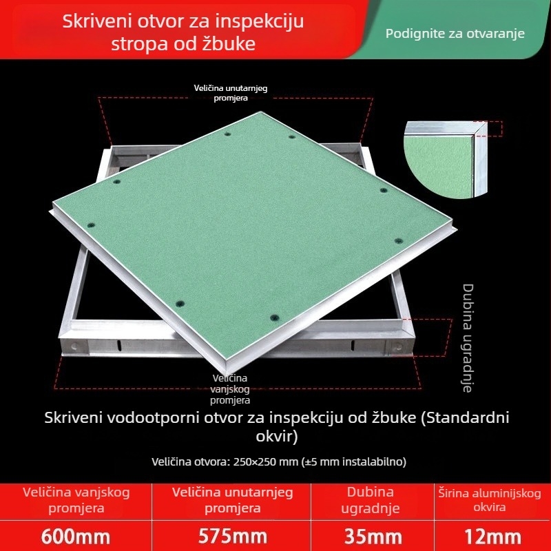 Skriveni servisni otvor u suhom zidu sa zaobljenim kutem i ugrađenim poklopcem za cijevi centralnog klimatizacijskog sustava
