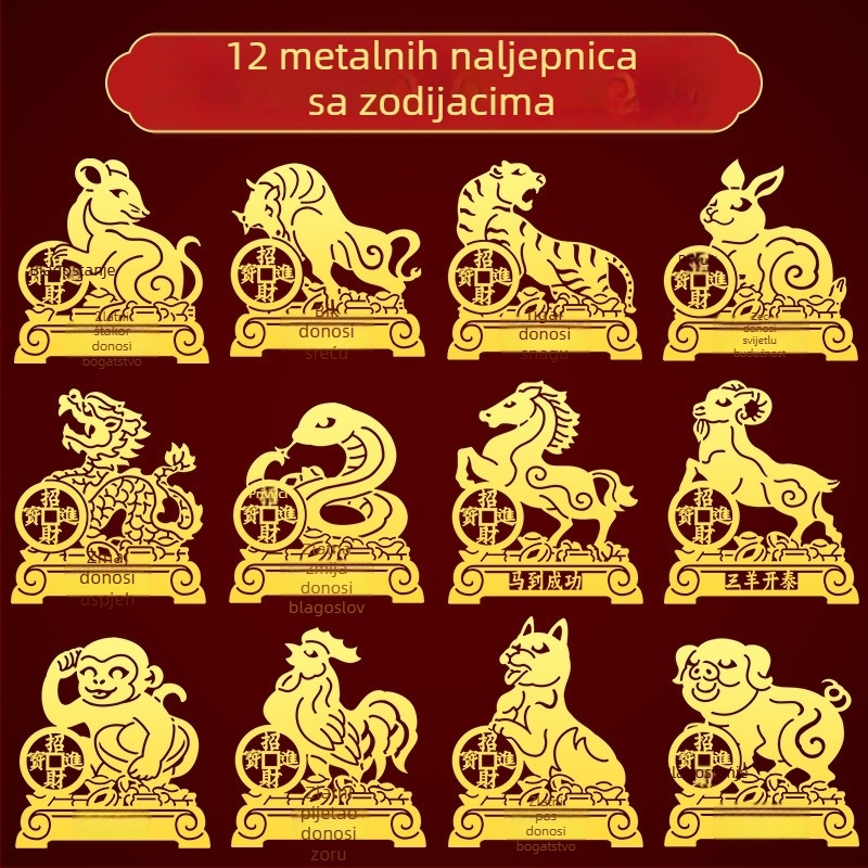 Metalne naljepnice zodijaka — 12 znakova životinja (zmaj, bik, svinja, zmija) za ukras na telefonu