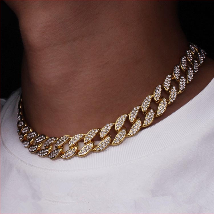 Unisex ogrlica s kristalima, hip-hop stil, 18K zlatno-pločana, valovita lanac, privjesak s kristalima