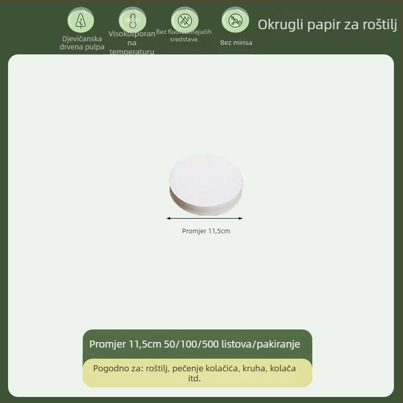 Kružni papir za pečenje s kvalitetom hrane, silikonom premazan, upija masnoću, jednokratni papir za roštilj