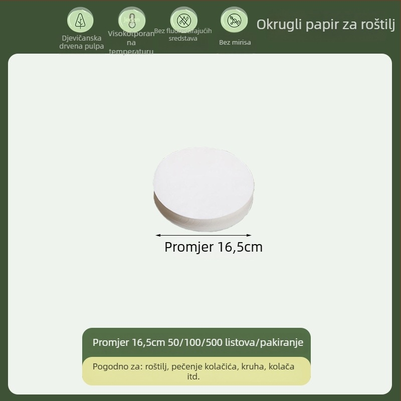 Kružni papir za pečenje s kvalitetom hrane, silikonom premazan, upija masnoću, jednokratni papir za roštilj