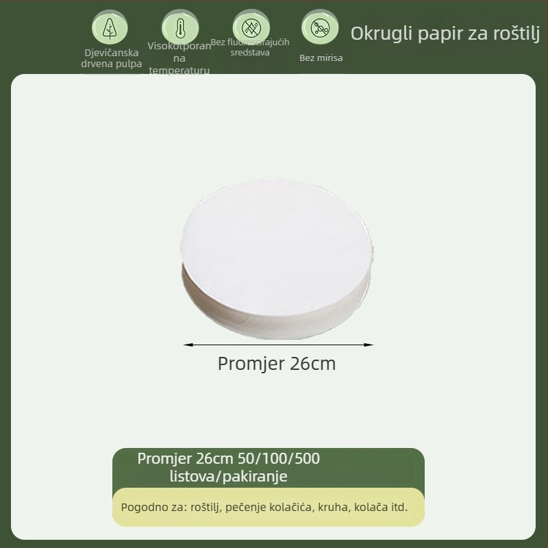 Kružni papir za pečenje s kvalitetom hrane, silikonom premazan, upija masnoću, jednokratni papir za roštilj